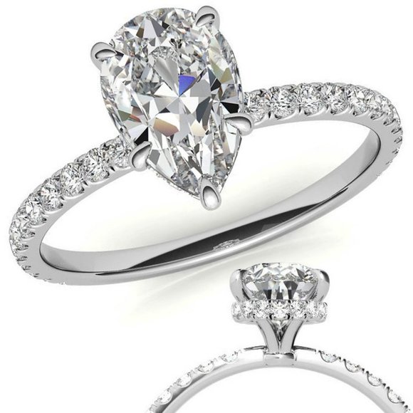 10x7mm-2.0Ct Pear Moissanite & Lab Diamond Ring - Picture 1 of 9